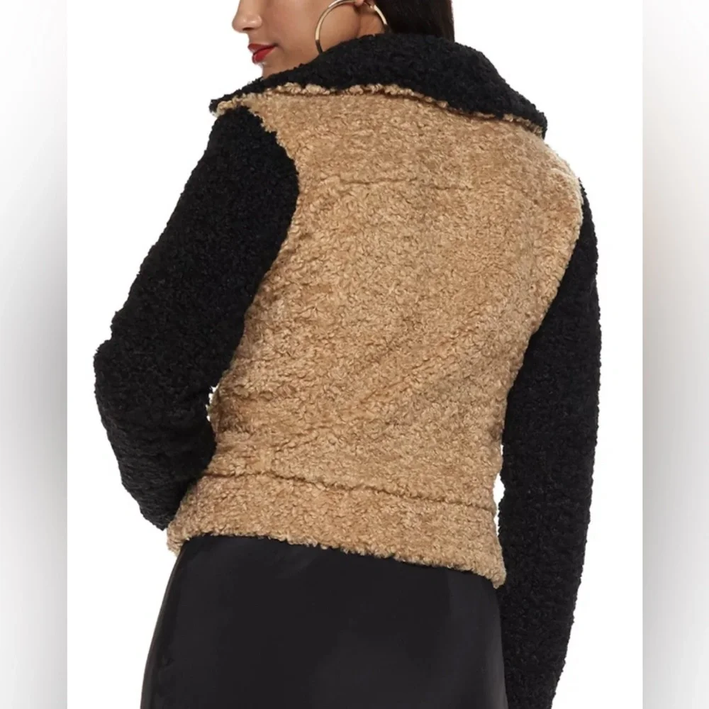 Nine West Sherpa bomber jacket in tan & black w/ asymmetrical zipper. XL - Picture 2 of 13